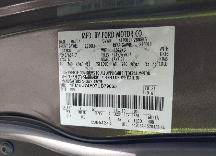 Photo 9 of 2007 Ford Explorer EDDIE BAUER (VIN 1FMEU74E07UB79065)