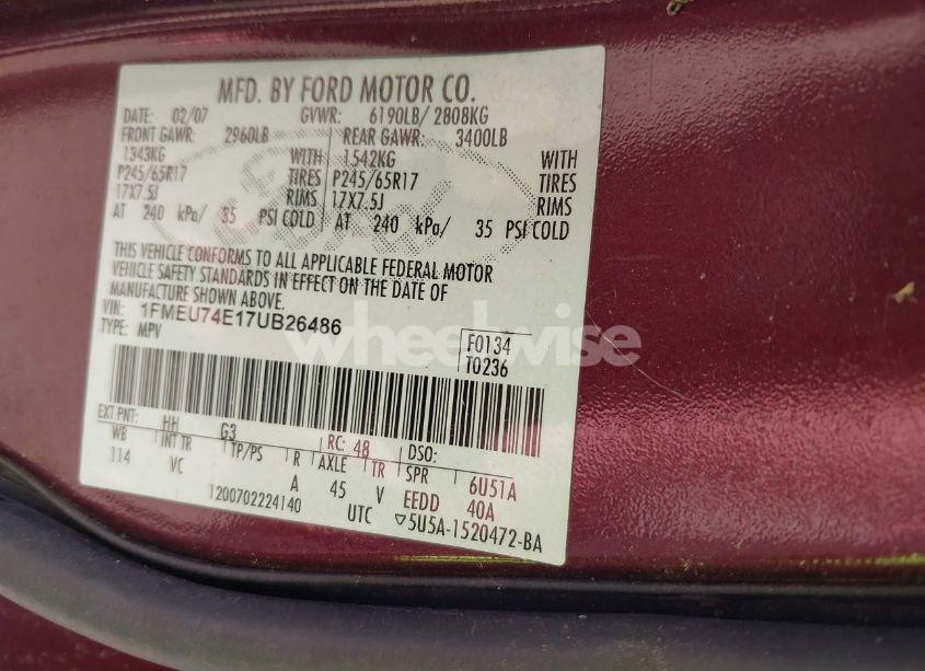 Photo 9 of 2007 Ford Explorer EDDIE BAUER (VIN 1FMEU74E17UB26486)