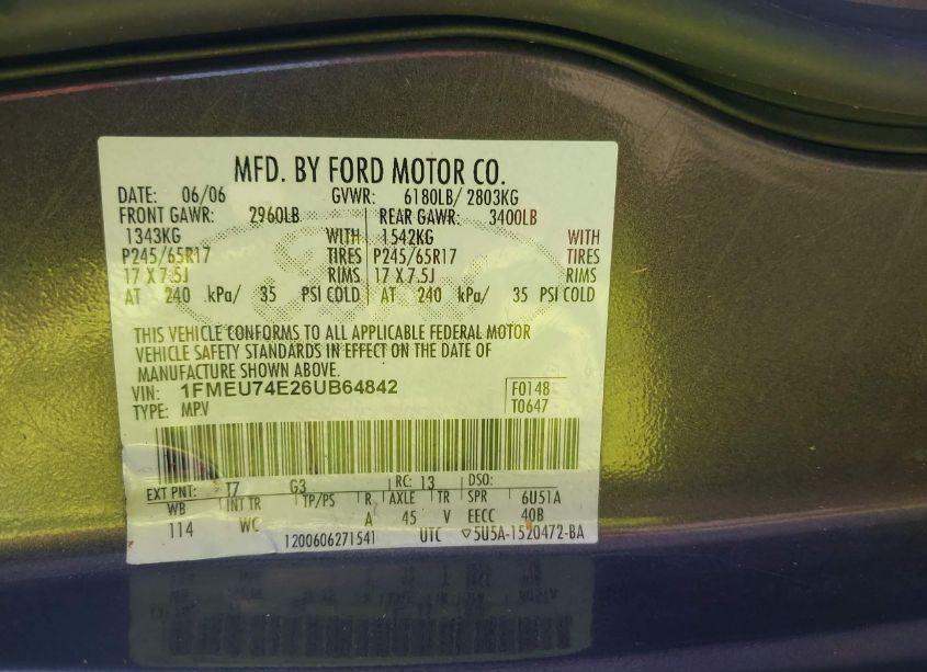 Photo 9 of 2006 Ford Explorer EDDIE BAUER (VIN 1FMEU74E26UB64842)