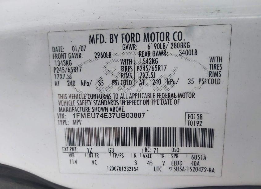 Photo 9 of 2007 Ford Explorer EDDIE BAUER (VIN 1FMEU74E37UB03887)