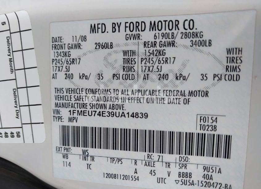 Photo 9 of 2009 Ford Explorer EDDIE BAUER (VIN 1FMEU74E39UA14839)