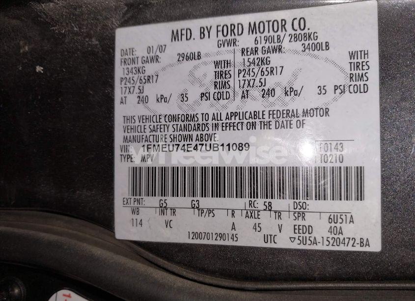 Photo 9 of 2007 Ford Explorer EDDIE BAUER (VIN 1FMEU74E47UB11089)