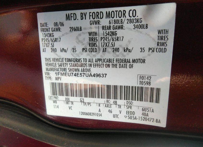 Photo 9 of 2007 Ford Explorer EDDIE BAUER (VIN 1FMEU74E57UA49637)