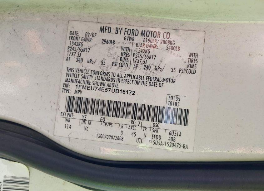 Photo 9 of 2007 Ford Explorer EDDIE BAUER (VIN 1FMEU74E57UB16172)