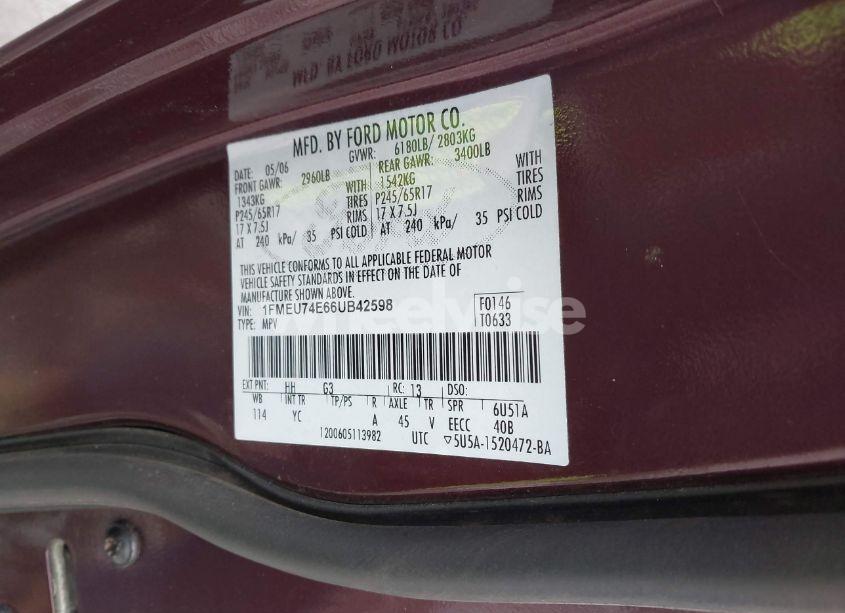 Photo 9 of 2006 Ford Explorer EDDIE BAUER (VIN 1FMEU74E66UB42598)