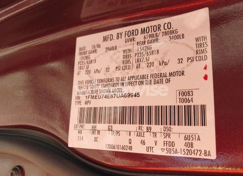 Photo 9 of 2007 Ford Explorer EDDIE BAUER (VIN 1FMEU74E67UA69945)