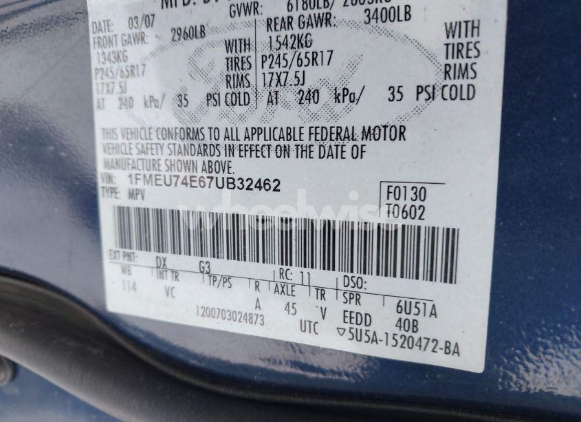 Photo 9 of 2007 Ford Explorer EDDIE BAUER (VIN 1FMEU74E67UB32462)