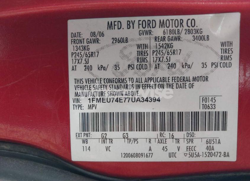 Photo 9 of 2007 Ford Explorer EDDIE BAUER (VIN 1FMEU74E77UA34394)