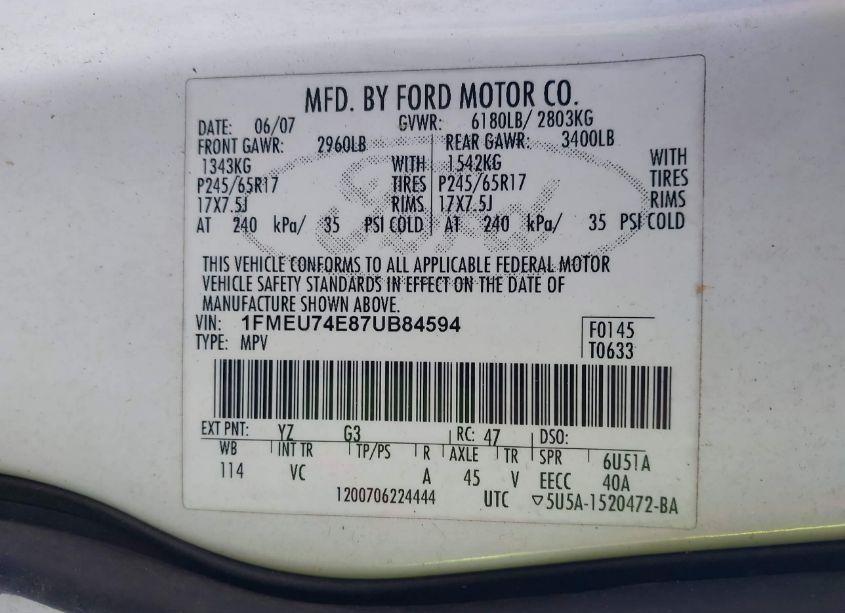 Photo 9 of 2007 Ford Explorer EDDIE BAUER (VIN 1FMEU74E87UB84594)