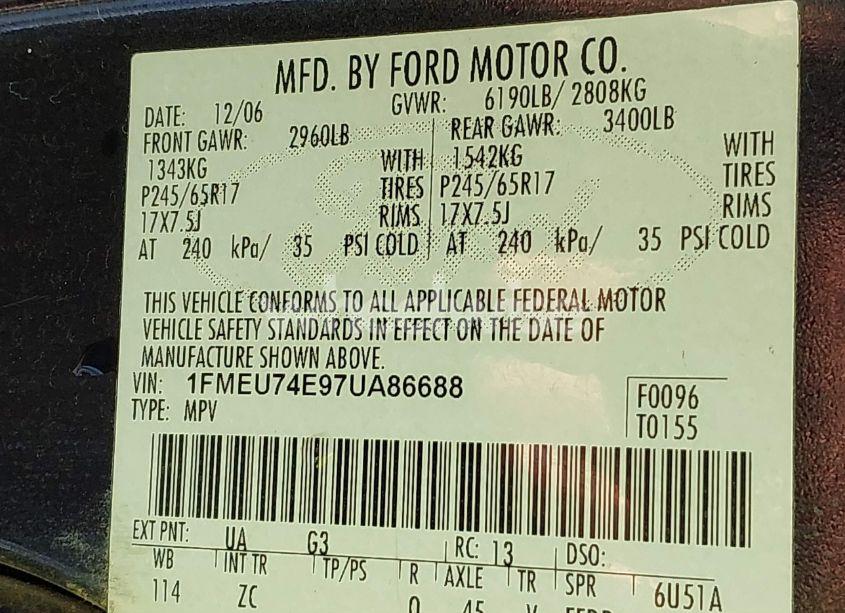 Photo 9 of 2007 Ford Explorer EDDIE BAUER (VIN 1FMEU74E97UA86688)