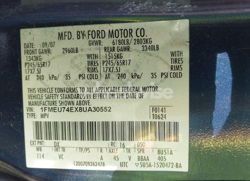 Photo 9 of 2008 Ford Explorer EDDIE BAUER (VIN 1FMEU74EX8UA30552)