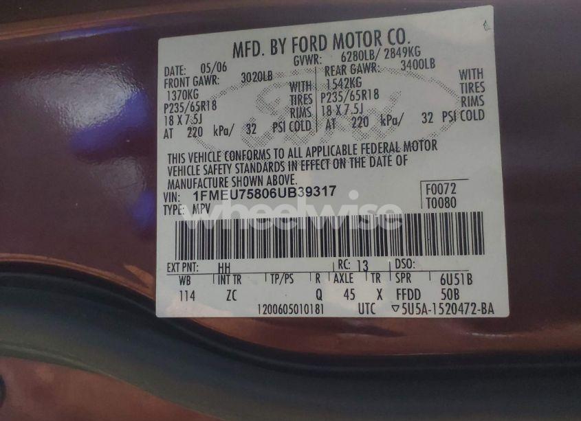 Photo 9 of 2006 Ford Explorer LIMITED (VIN 1FMEU75806UB39317)