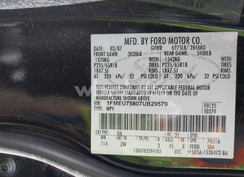 Photo 9 of 2007 Ford Explorer LIMITED (VIN 1FMEU75807UB29579)