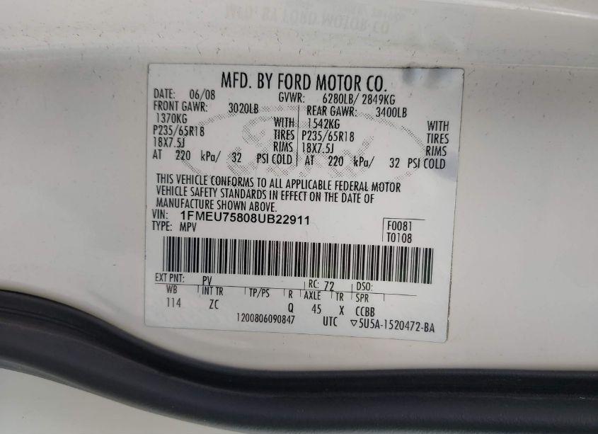 Photo 9 of 2008 Ford Explorer LIMITED (VIN 1FMEU75808UB22911)