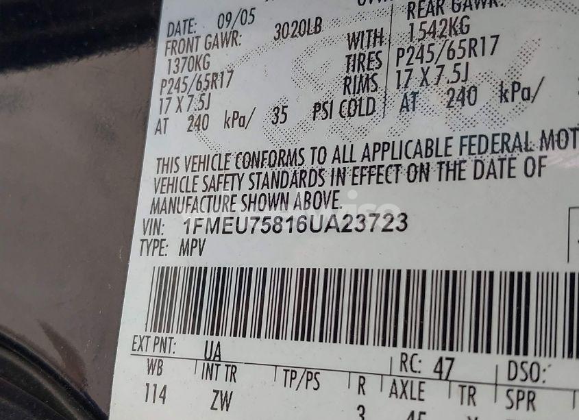 Photo 9 of 2006 Ford Explorer LIMITED (VIN 1FMEU75816UA23723)