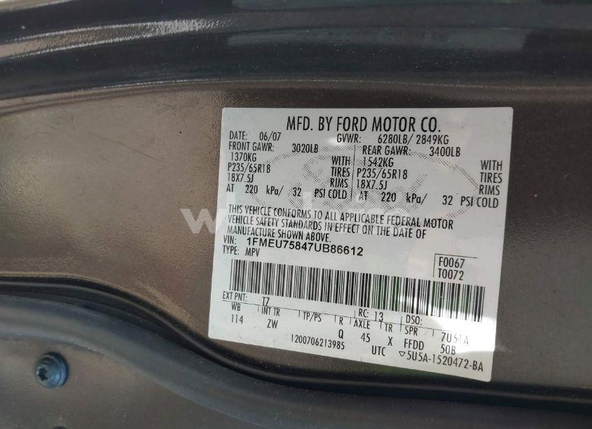 Photo 9 of 2007 Ford Explorer LIMITED (VIN 1FMEU75847UB86612)