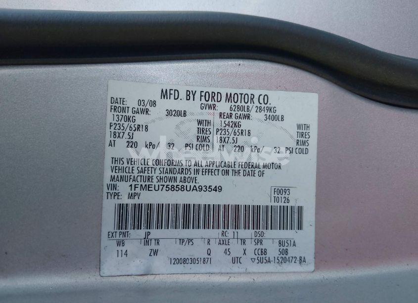 Photo 9 of 2008 Ford Explorer LIMITED (VIN 1FMEU75858UA93549)