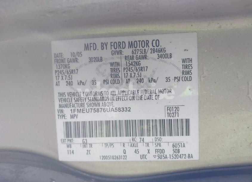 Photo 9 of 2006 Ford Explorer LIMITED (VIN 1FMEU75876UA58332)