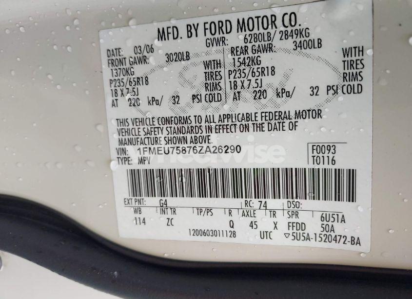 Photo 9 of 2006 Ford Explorer LIMITED (VIN 1FMEU75876ZA26290)