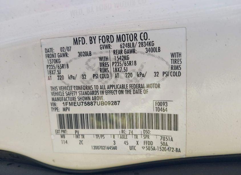 Photo 9 of 2007 Ford Explorer LIMITED (VIN 1FMEU75887UB09287)