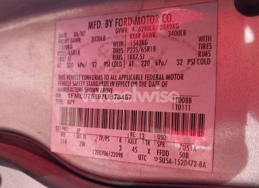 Photo 9 of 2007 Ford Explorer LIMITED (VIN 1FMEU75897UB78487)