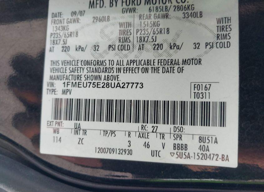 Photo 9 of 2008 Ford Explorer LIMITED (VIN 1FMEU75E28UA27773)