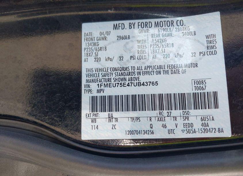 Photo 9 of 2007 Ford Explorer LIMITED (VIN 1FMEU75E47UB43765)