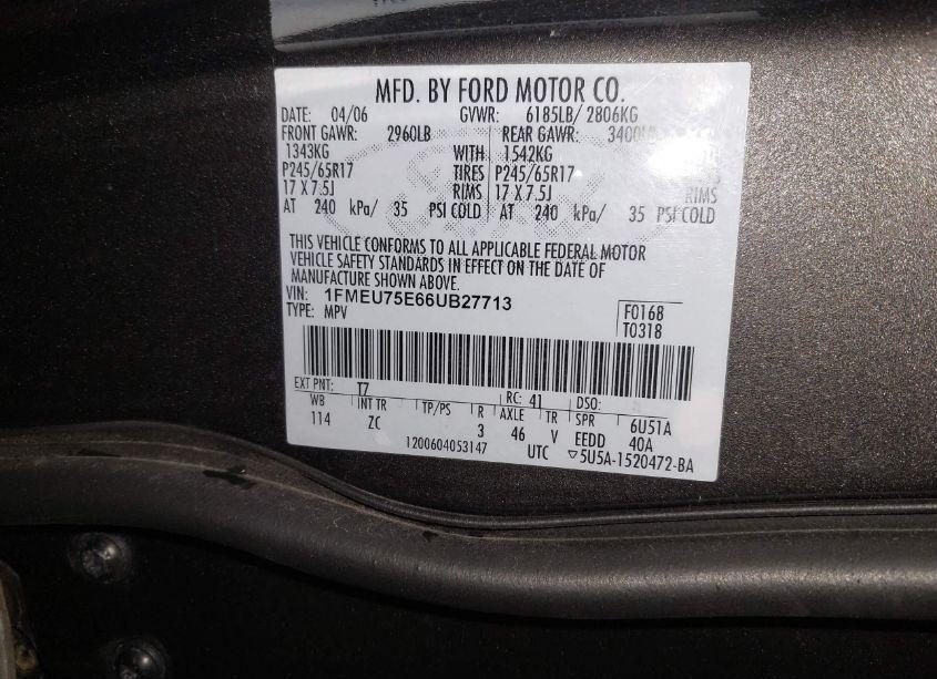 Photo 9 of 2006 Ford Explorer LIMITED (VIN 1FMEU75E66UB27713)