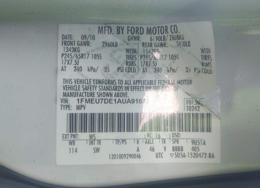 Photo 9 of 2010 Ford Explorer XLT (VIN 1FMEU7DE1AUA91651)