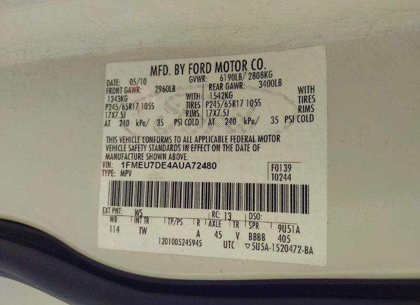 Photo 9 of 2010 Ford Explorer XLT (VIN 1FMEU7DE4AUA72480)