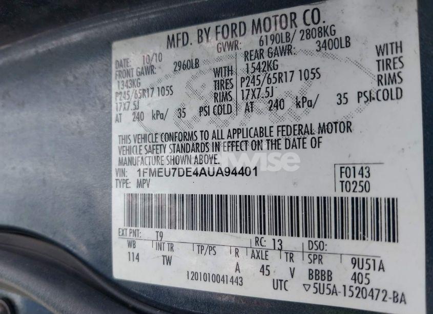 Photo 9 of 2010 Ford Explorer XLT (VIN 1FMEU7DE4AUA94401)