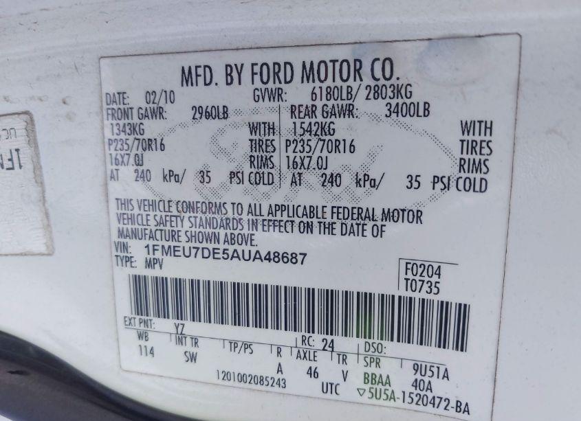 Photo 9 of 2010 Ford Explorer XLT (VIN 1FMEU7DE5AUA48687)