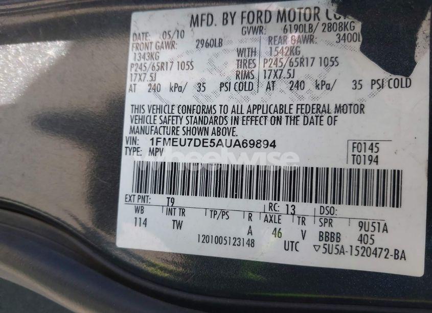 Photo 9 of 2010 Ford Explorer XLT (VIN 1FMEU7DE5AUA69894)