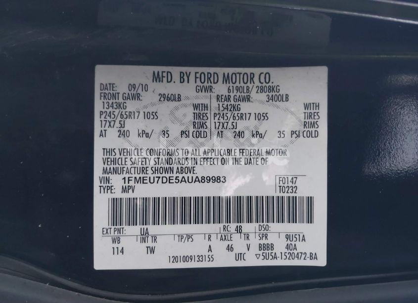 Photo 9 of 2010 Ford Explorer XLT (VIN 1FMEU7DE5AUA89983)