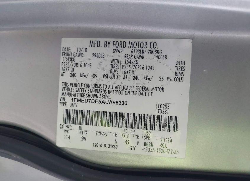 Photo 9 of 2010 Ford Explorer XLT (VIN 1FMEU7DE5AUA98330)