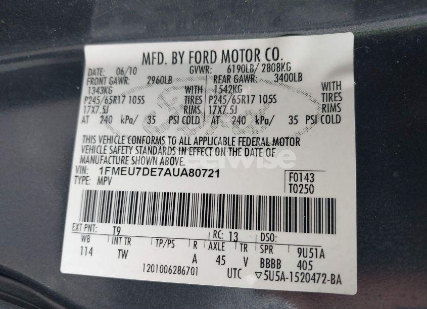 Photo 9 of 2010 Ford Explorer XLT (VIN 1FMEU7DE7AUA80721)