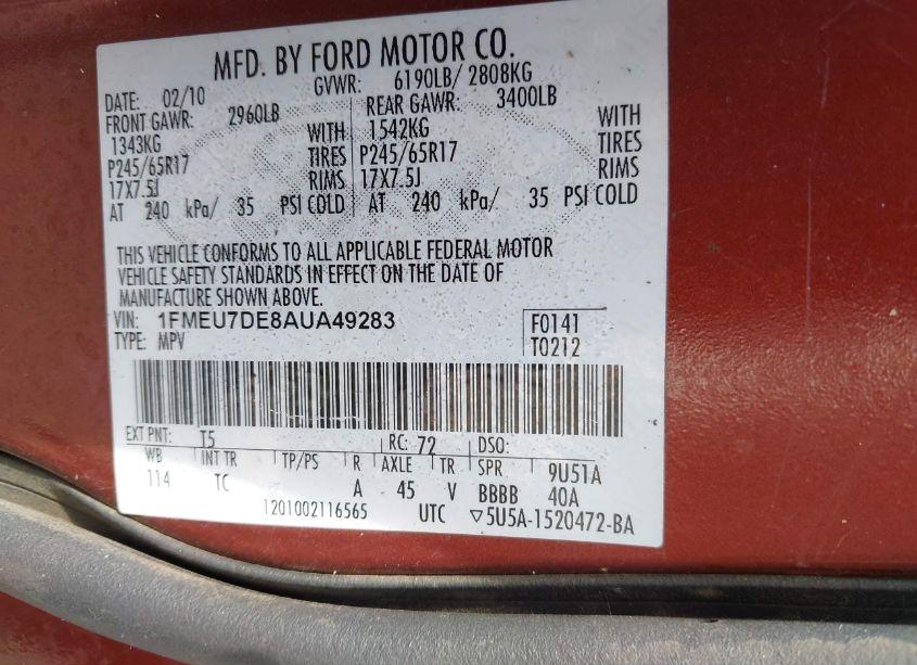 Photo 9 of 2010 Ford Explorer XLT (VIN 1FMEU7DE8AUA49283)