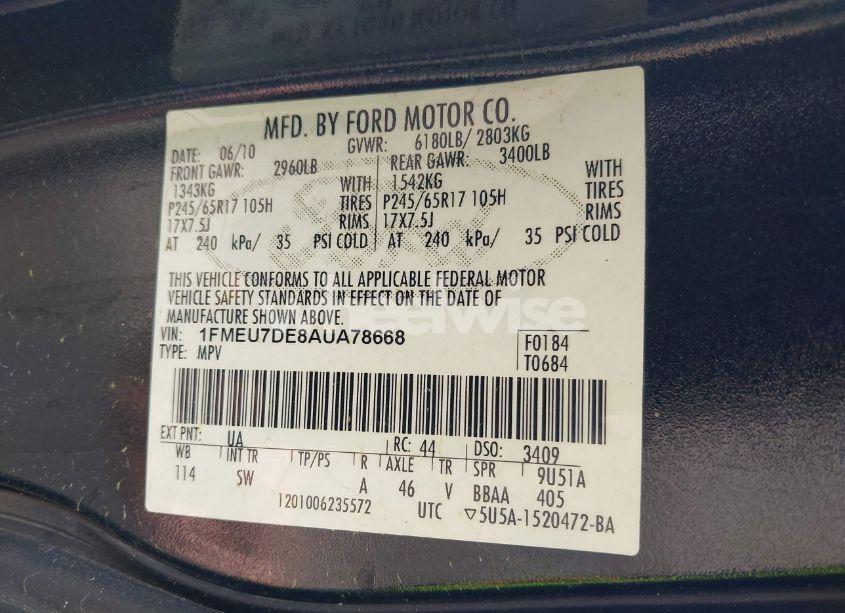 Photo 9 of 2010 Ford Explorer XLT (VIN 1FMEU7DE8AUA78668)