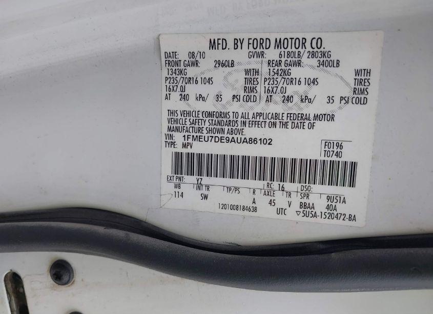 Photo 9 of 2010 Ford Explorer XLT (VIN 1FMEU7DE9AUA86102)