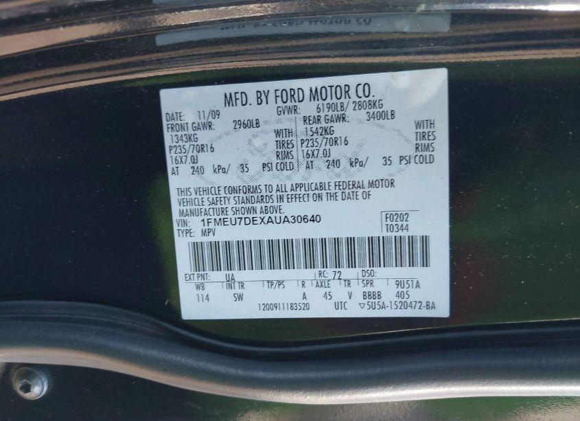 Photo 9 of 2010 Ford Explorer XLT (VIN 1FMEU7DEXAUA30640)