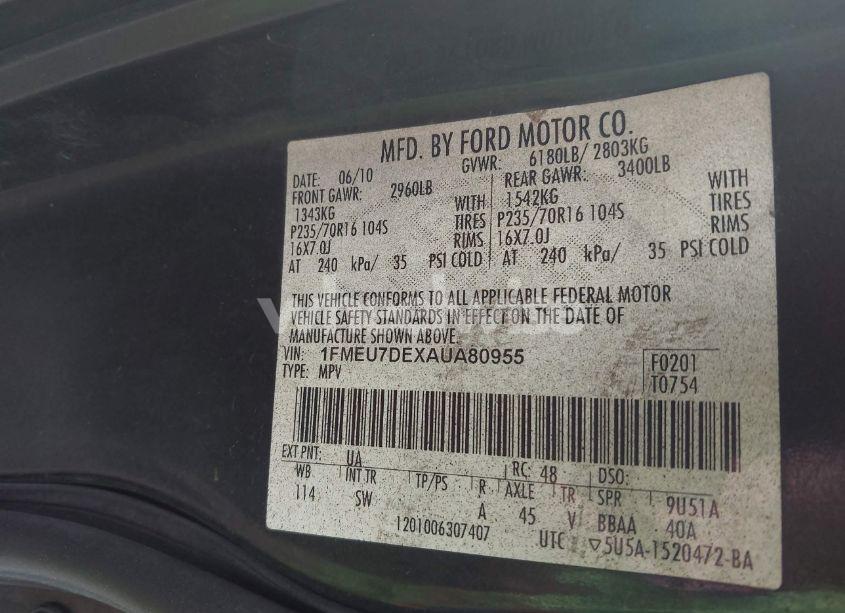 Photo 9 of 2010 Ford Explorer XLT (VIN 1FMEU7DEXAUA80955)