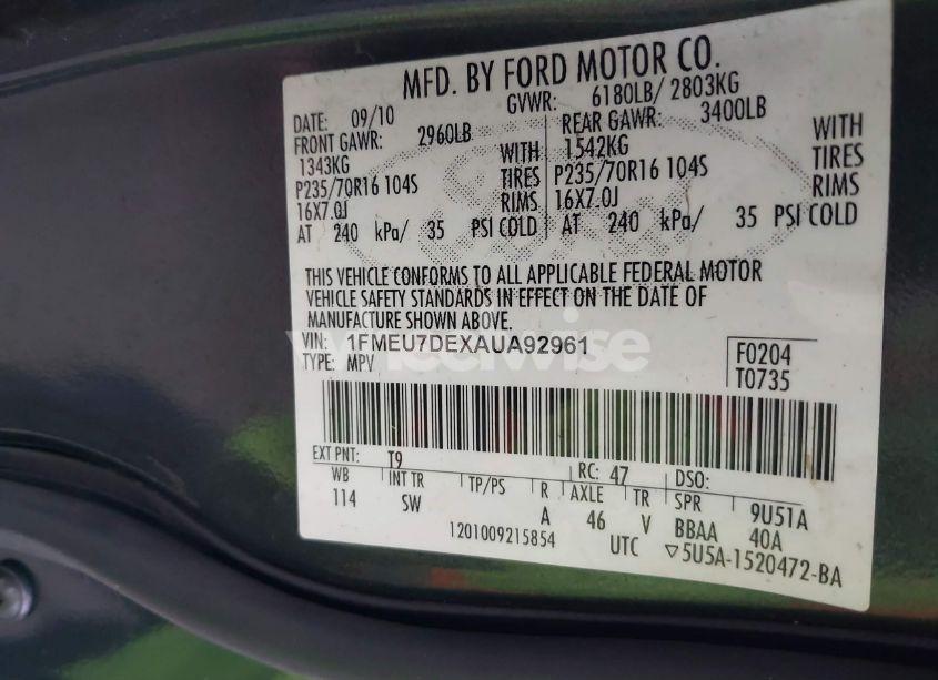 Photo 9 of 2010 Ford Explorer XLT (VIN 1FMEU7DEXAUA92961)