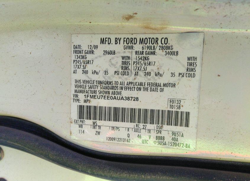 Photo 9 of 2010 Ford Explorer EDDIE BAUER (VIN 1FMEU7EE0AUA38728)