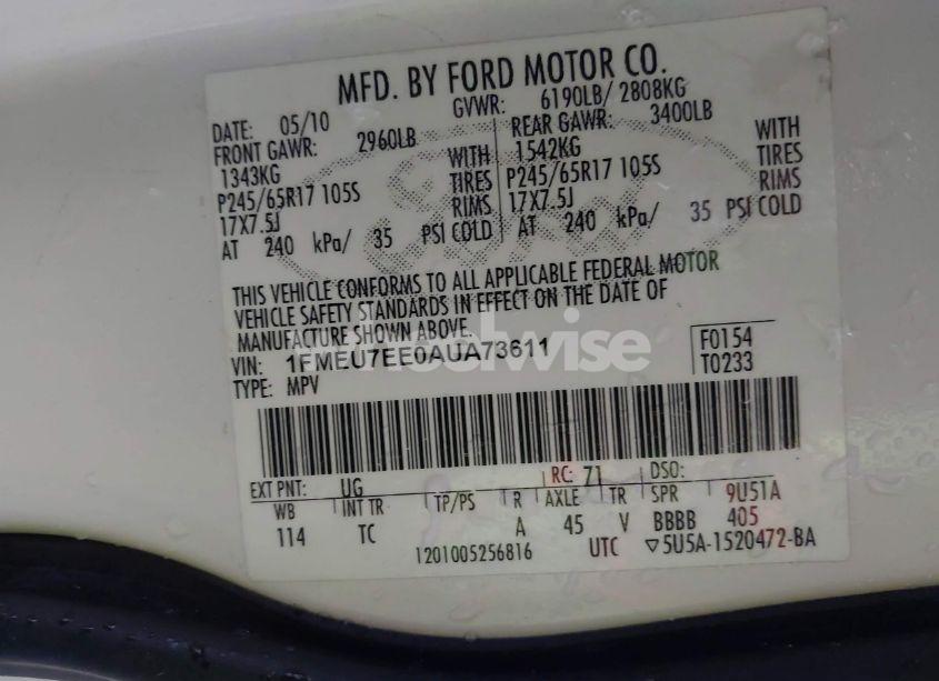 Photo 9 of 2010 Ford Explorer EDDIE BAUER (VIN 1FMEU7EE0AUA73611)