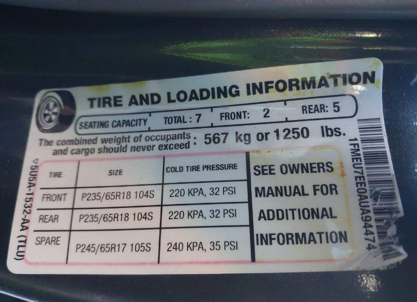 Photo 9 of 2010 Ford Explorer EDDIE BAUER (VIN 1FMEU7EE0AUA94474)