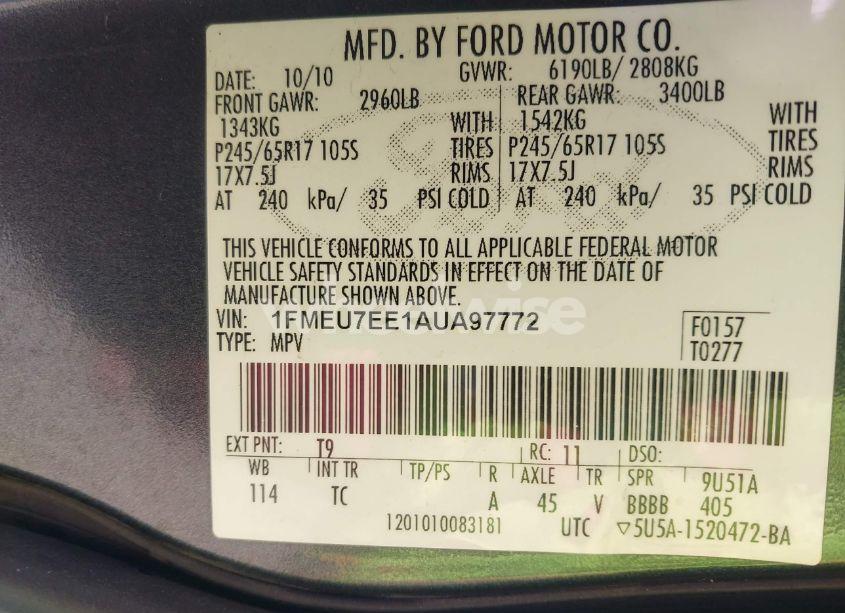 Photo 9 of 2010 Ford Explorer EDDIE BAUER (VIN 1FMEU7EE1AUA97772)