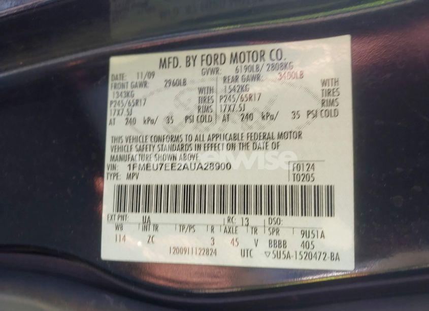 Photo 9 of 2010 Ford Explorer EDDIE BAUER (VIN 1FMEU7EE2AUA28900)