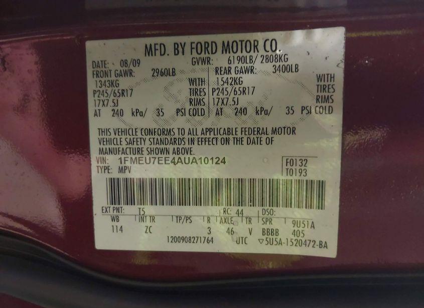 Photo 9 of 2010 Ford Explorer EDDIE BAUER (VIN 1FMEU7EE4AUA10124)