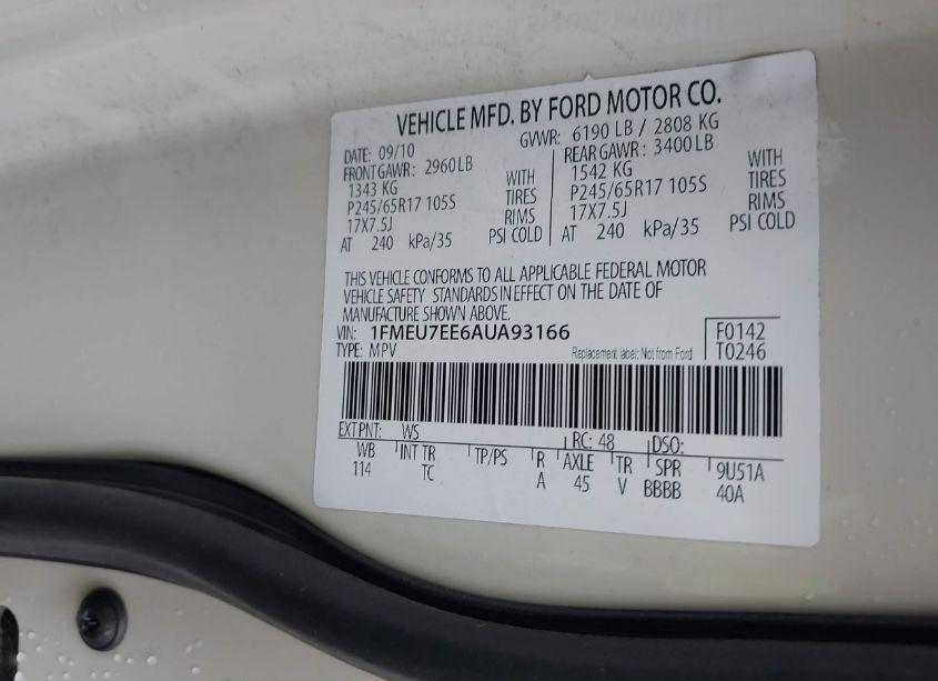 Photo 9 of 2010 Ford Explorer EDDIE BAUER (VIN 1FMEU7EE6AUA93166)