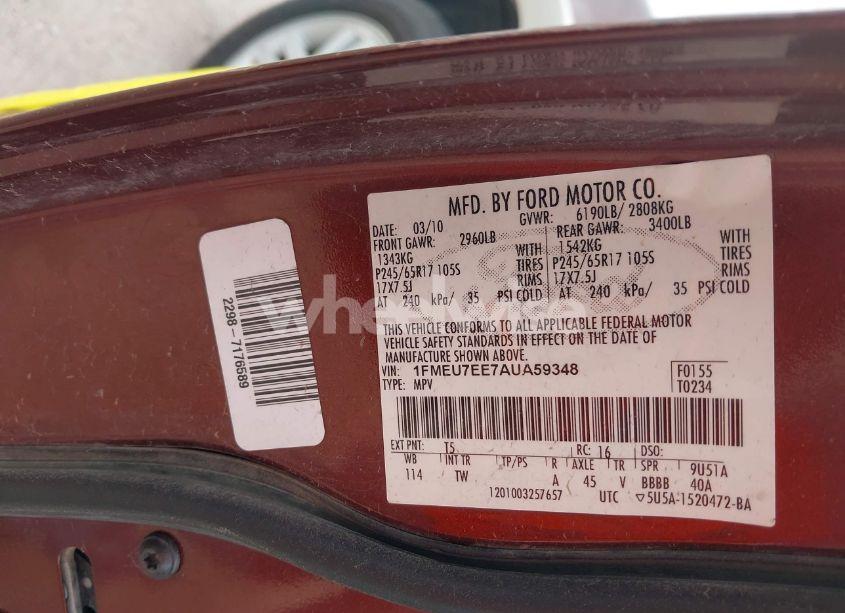 Photo 9 of 2010 Ford Explorer EDDIE BAUER (VIN 1FMEU7EE7AUA59348)
